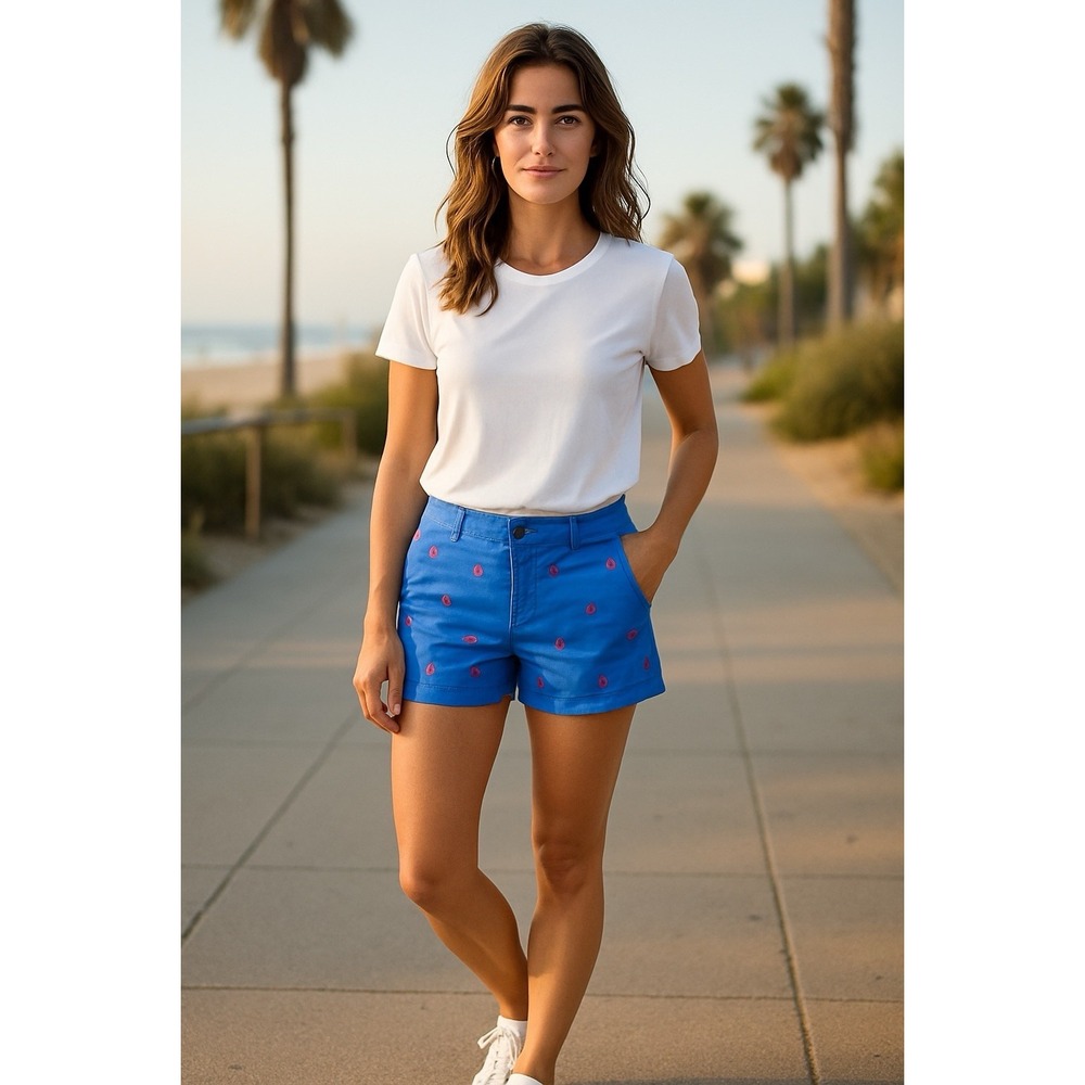 Vineyard Vines Women's Chino Shorts Blue‎ Pink Anchors Embroidered 2
